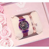 TD® Coffret Cadeau Montre Violet en Quartz Deux Bracelets Dorés pour Femme Fille Enfant Chic-Cadrans Belle Finitions Boîtier Étoiles