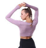 Haut de yoga col rond sans couture séchage rapide T-shirt de yoga à manches longues femmes sexy évider le nombril minceur hau