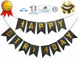 TD® bannière de joyeux anniversaire noir et or happy birthday décoration de fête banderole décor jour pour filles garçons adultes