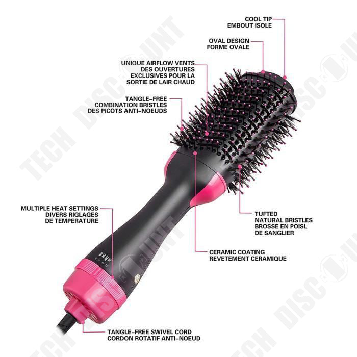 TD® Sèche cheveux et volumateur bigoudi noir Soufflant, Brosse 4-en-1 Lisse Boucle Style Cheveu Ionique- Électrique Multifonctionnel
