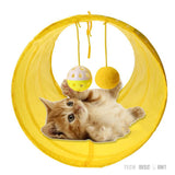 TD® Tunnel pour chat adulte jouet jardin jaune deux voies pliable chaton chiot lapin avec deux boules suspendues litière polyester