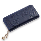 TD® Portefeuille en Cuir PU Couleur Bleu Nuit/ Femme 19 x 9 cm Fermeture Éclair avec des Pendentifs Dorés Motifs Fleuris Incrustés
