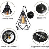 TD® UNI Applique Murale Industrielle E27 16cm - Cage Diamant Rétro - Métal Noir