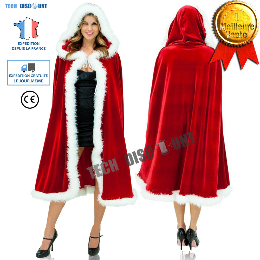 TD® cape de mère noël adulte femme déguisement sexy habillement rouge velours long costume célébration fête soirée classique