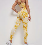 Costume de yoga tie-dye stretch costume de yoga sport running fitness costume gilet tricot fitness pantalon jaune tie-dye fem