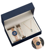 TD® Coffret Cadeau Montre en Quartz femme - Chanceux - Beau Zircon - Un Bracelet en Acier Inoxydable+ Collier /Or Rose /Cadran Bleu